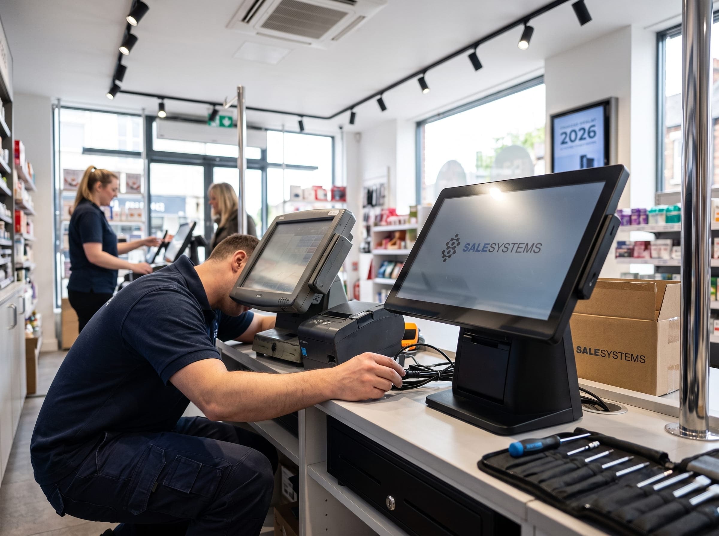 Technik wymieniający starszy sprzęt POS na nowy w istniejącym punkcie sieci