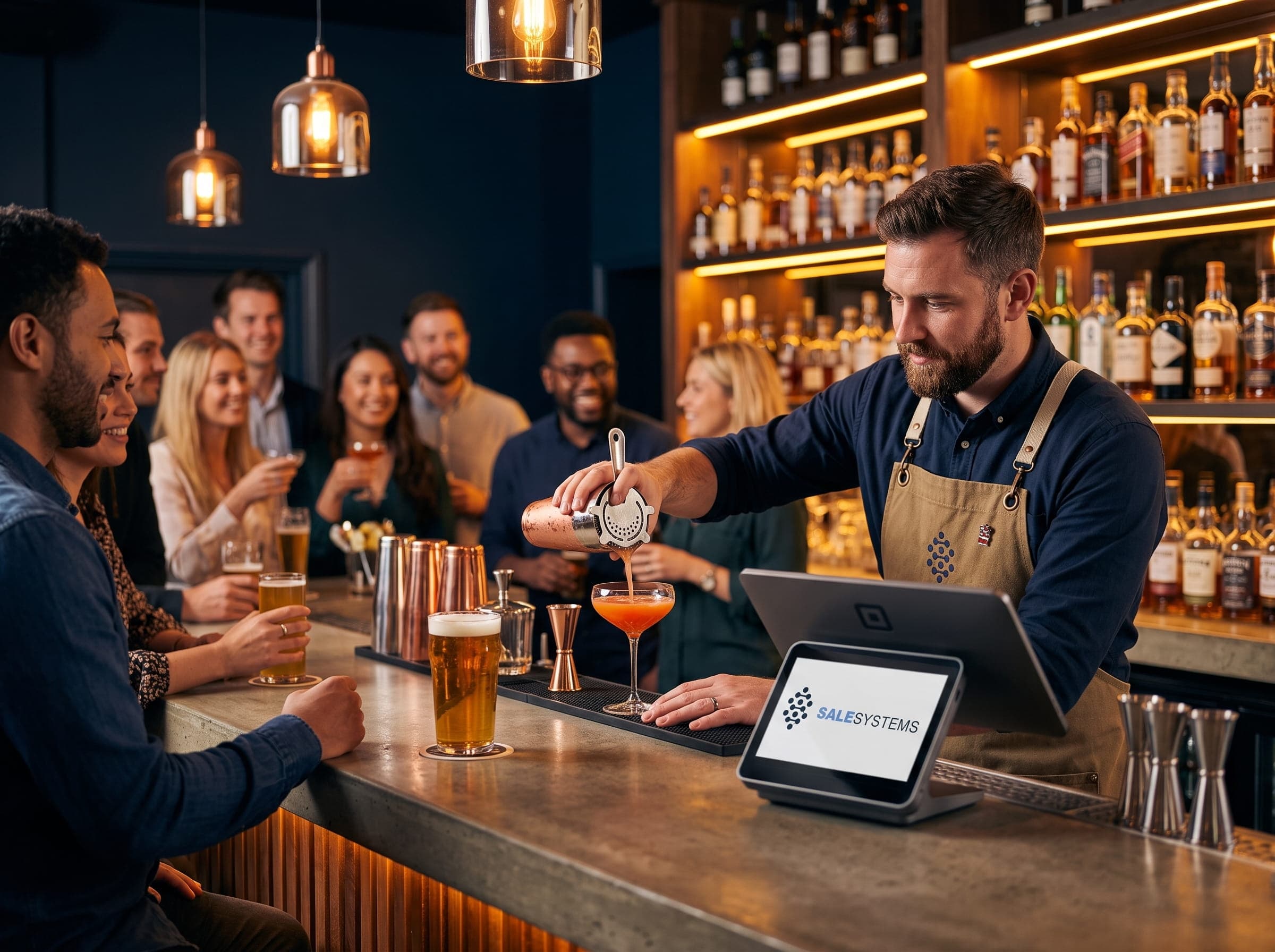 Barman obsługujący gości przy barze wieczorem