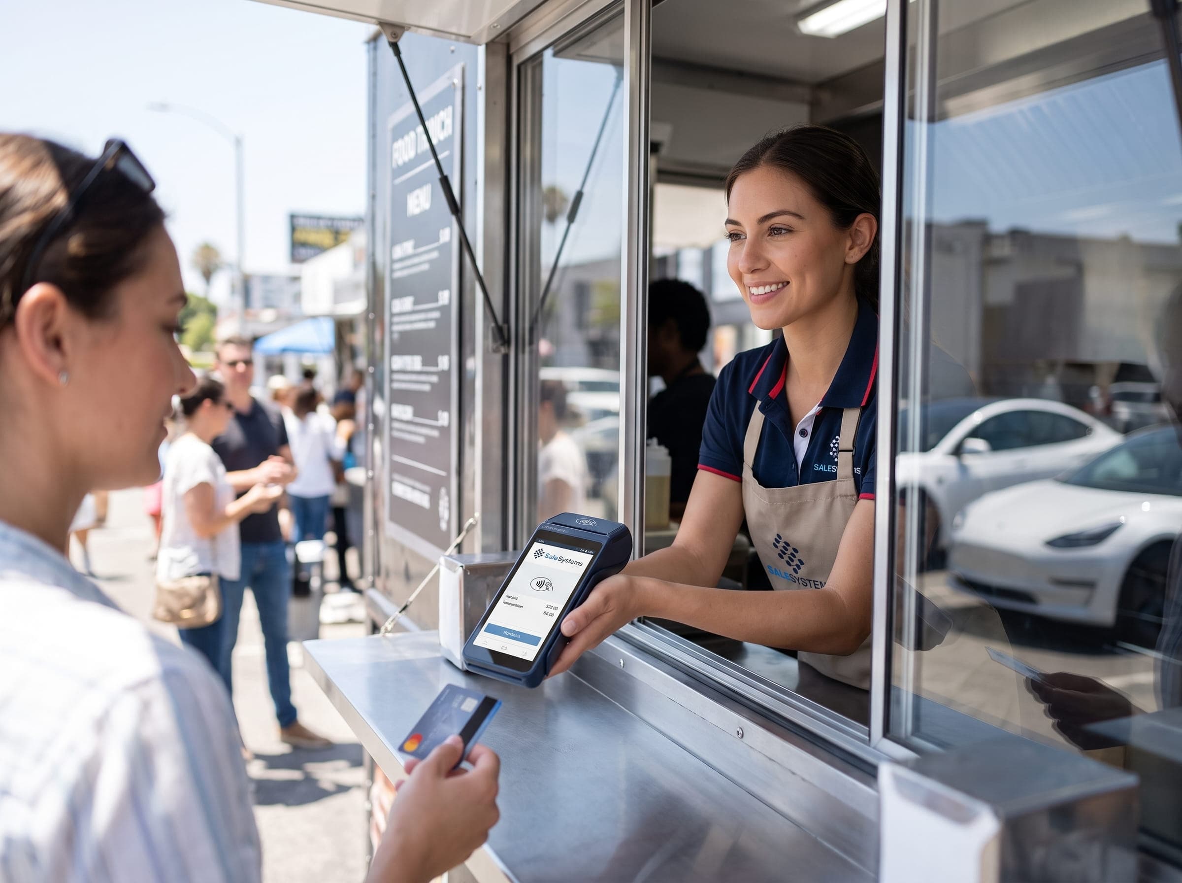Sprzedawca obsługujący klienta w food trucku z przenośnym terminalem