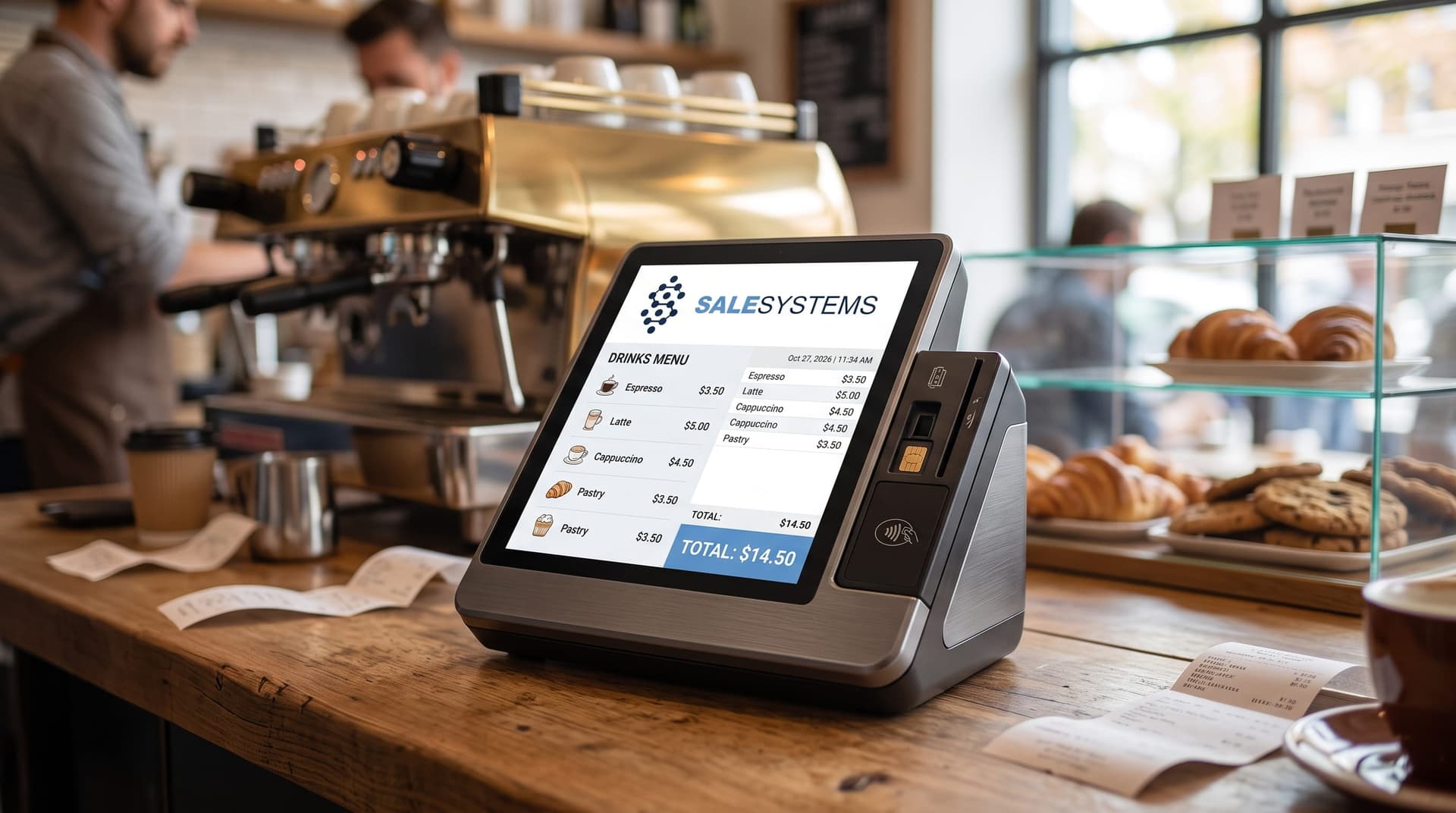 Kompaktowe urządzenie POS all-in-one na ladzie kawiarni