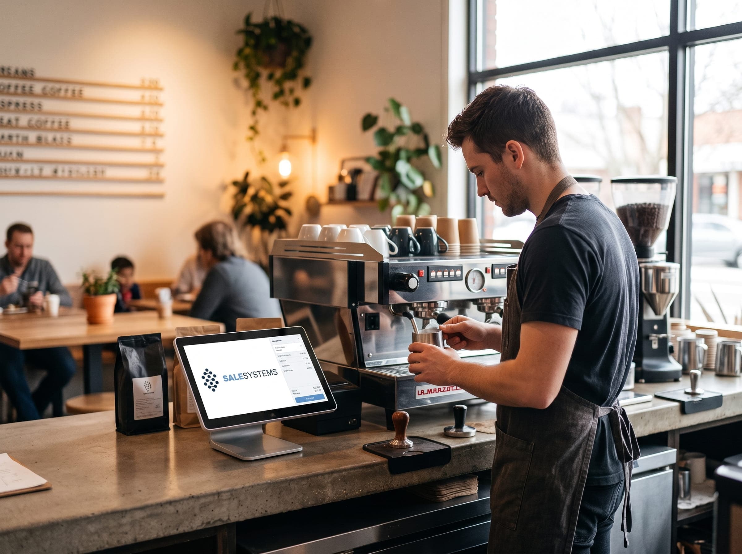 Barista przygotowujący kawę przy ladzie kawiarni z kasą POS