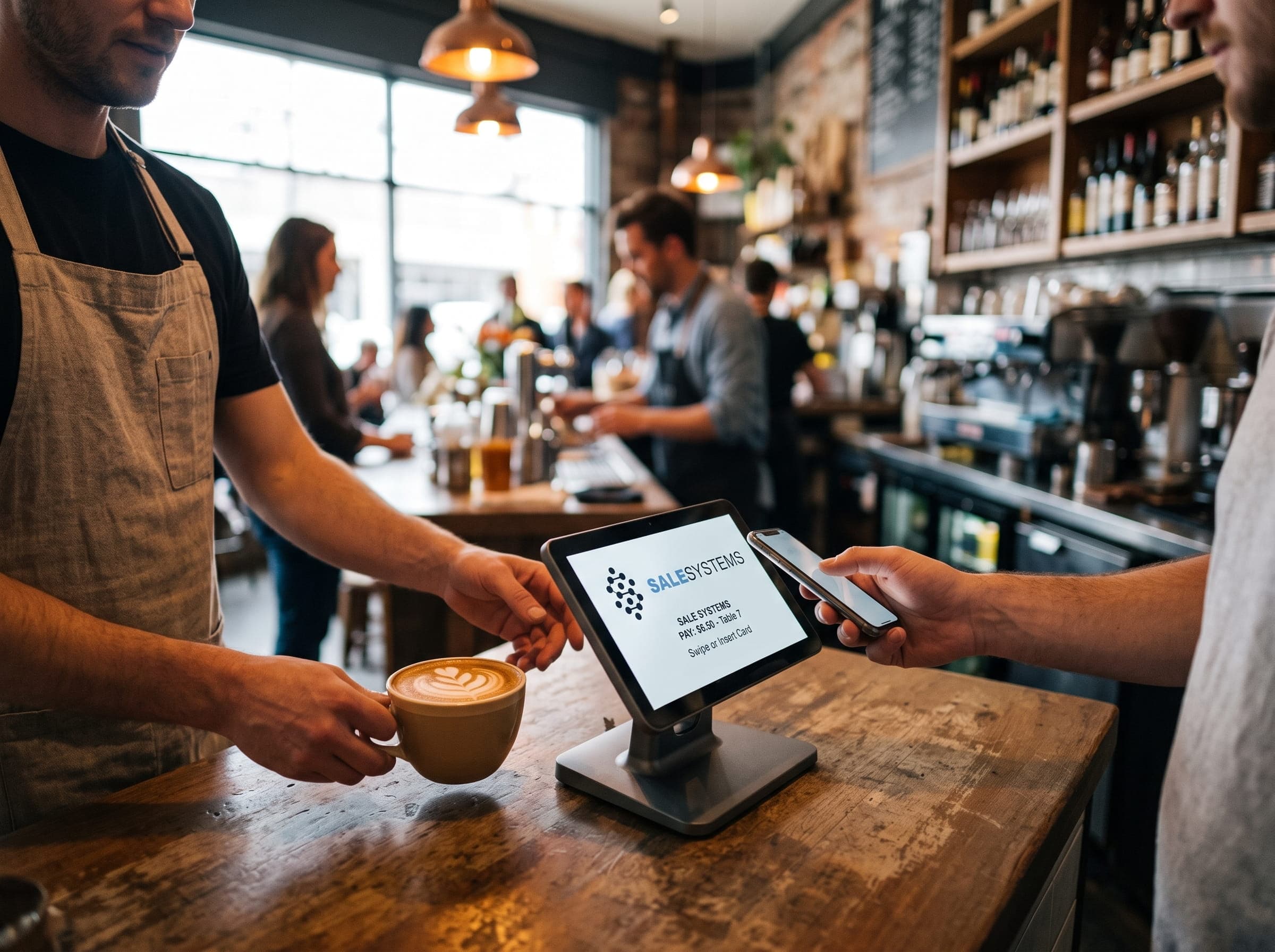 Barista szybko obsługujący klientów przy ladzie baru szybkiej obsługi