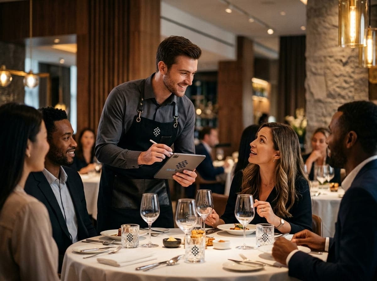 Kelner obsługujący gości przy stoliku w restauracji z tabletem POS
