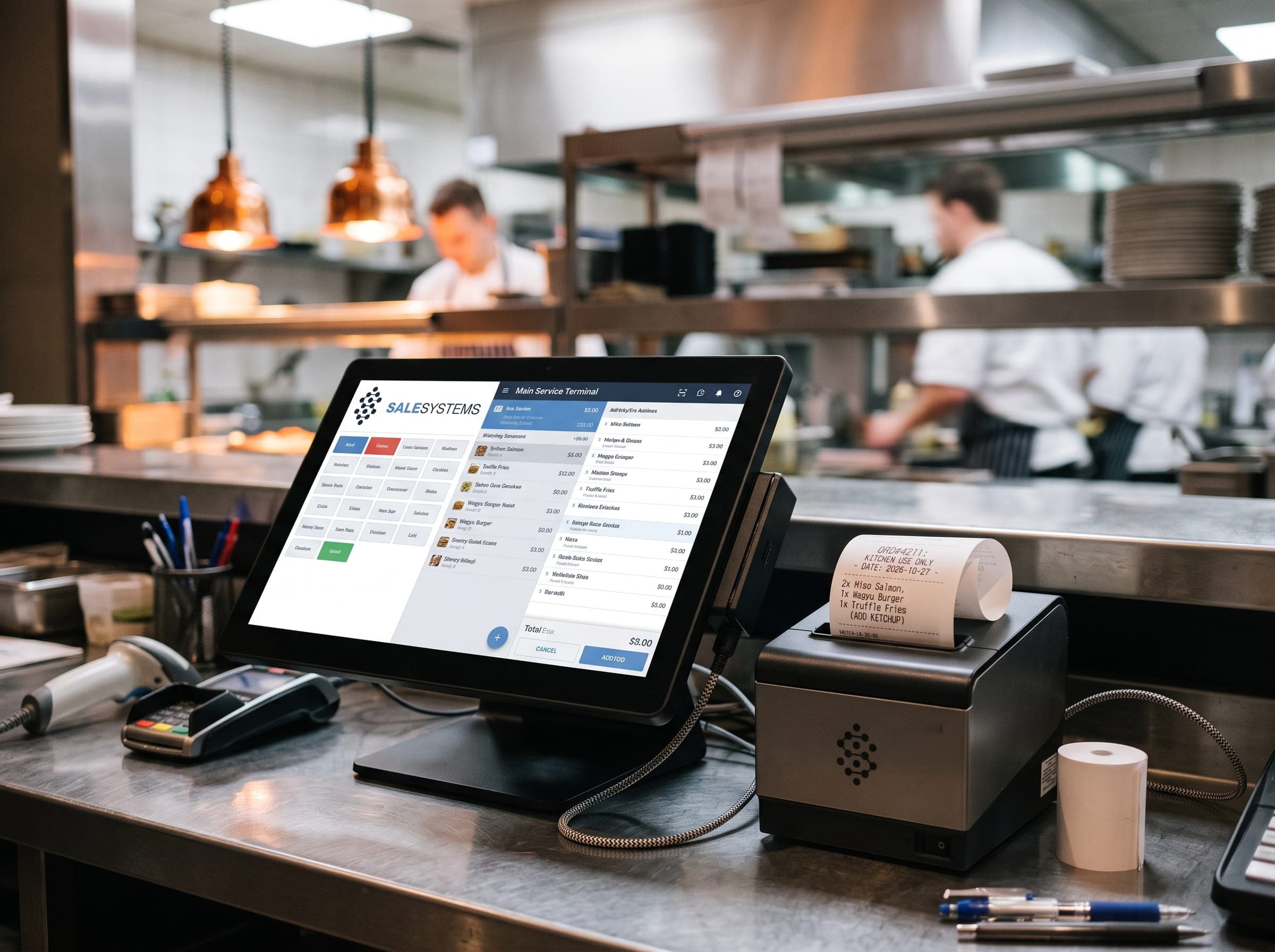 System POS z drukarką fiskalną i bonami kuchennymi w restauracji