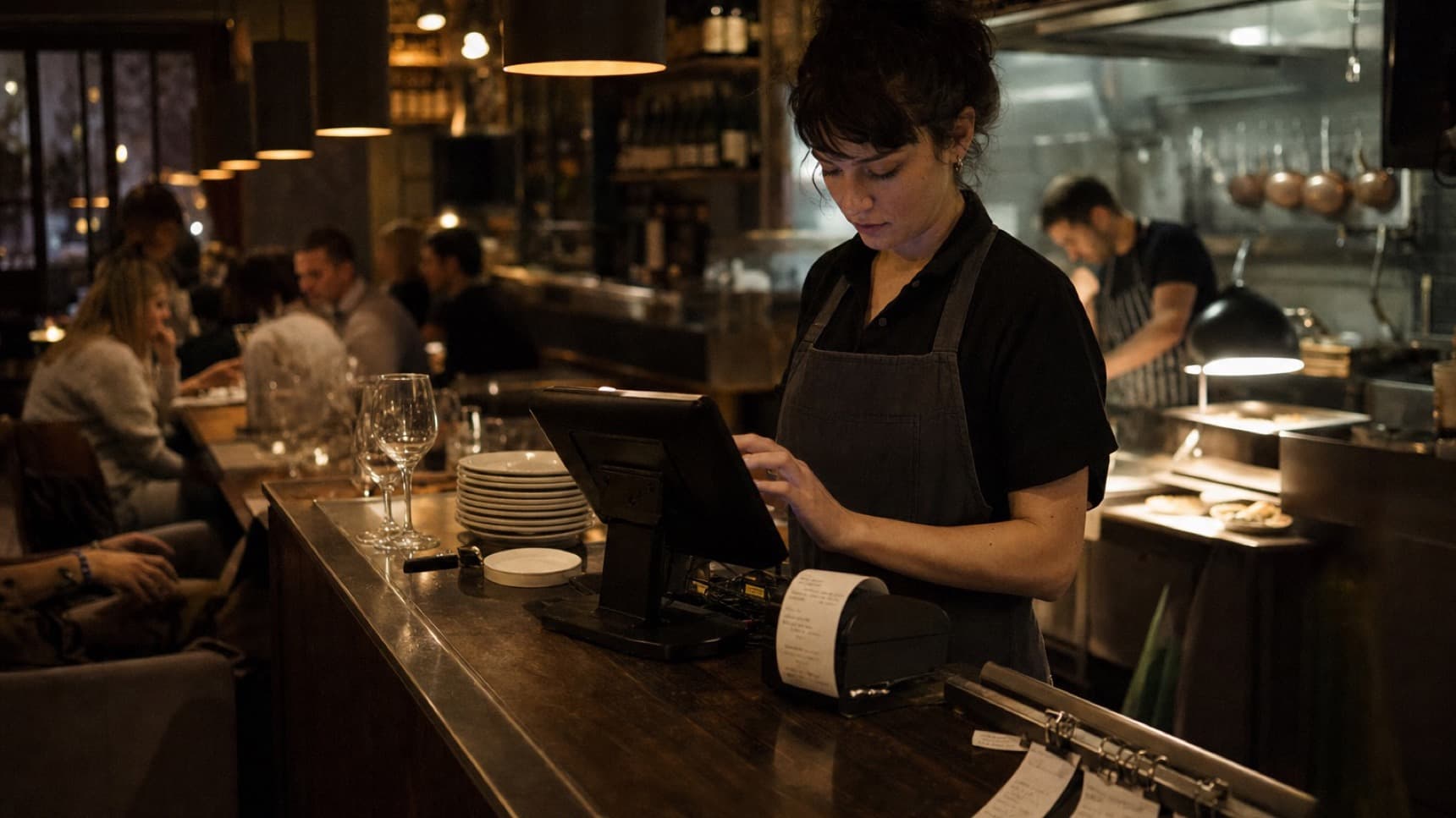 Kelnerka wprowadzająca zamówienie na terminalu POS w restauracji