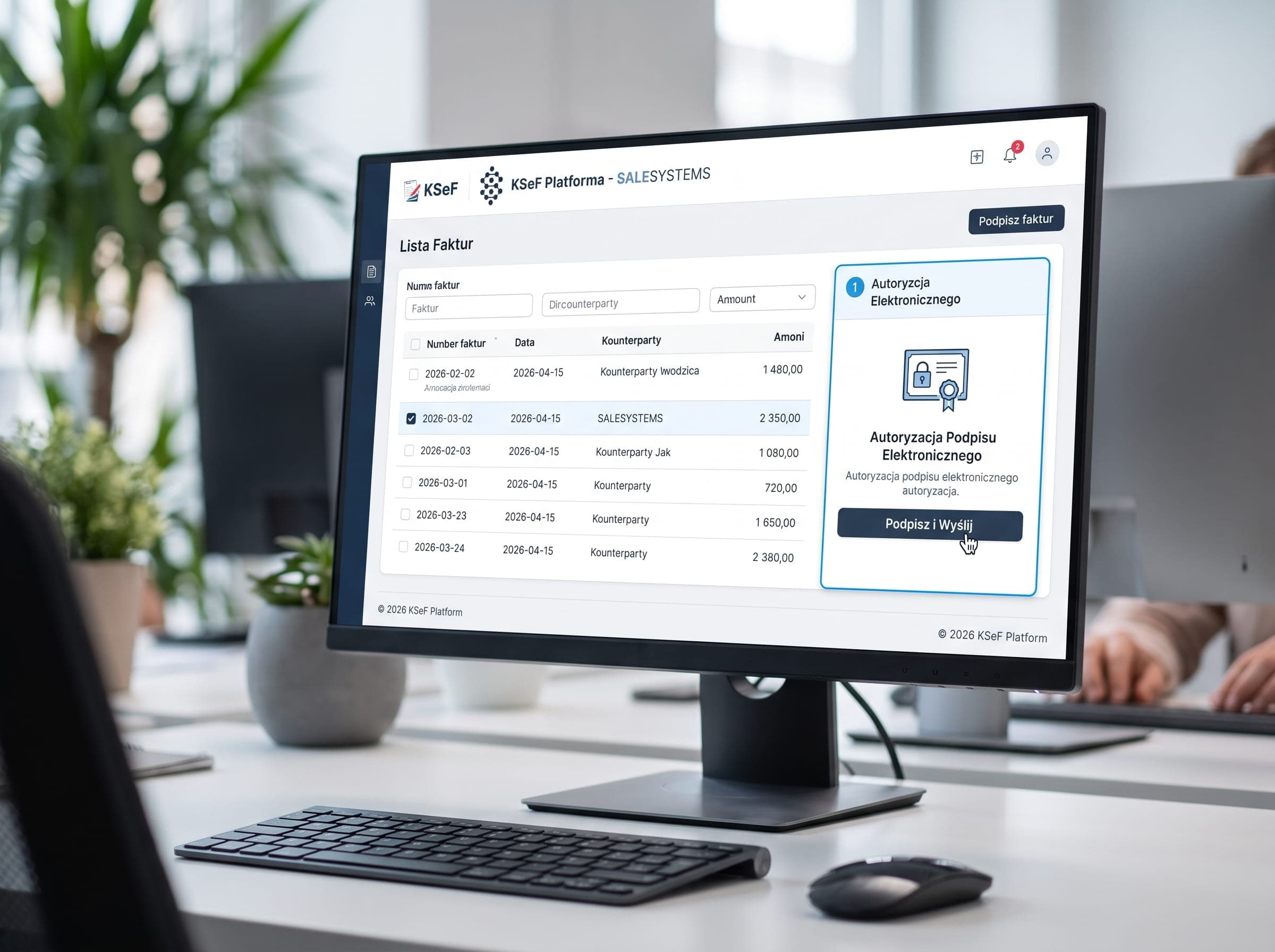 Ekran komputera z panelem Krajowego Systemu e-Faktur i podpisem elektronicznym
