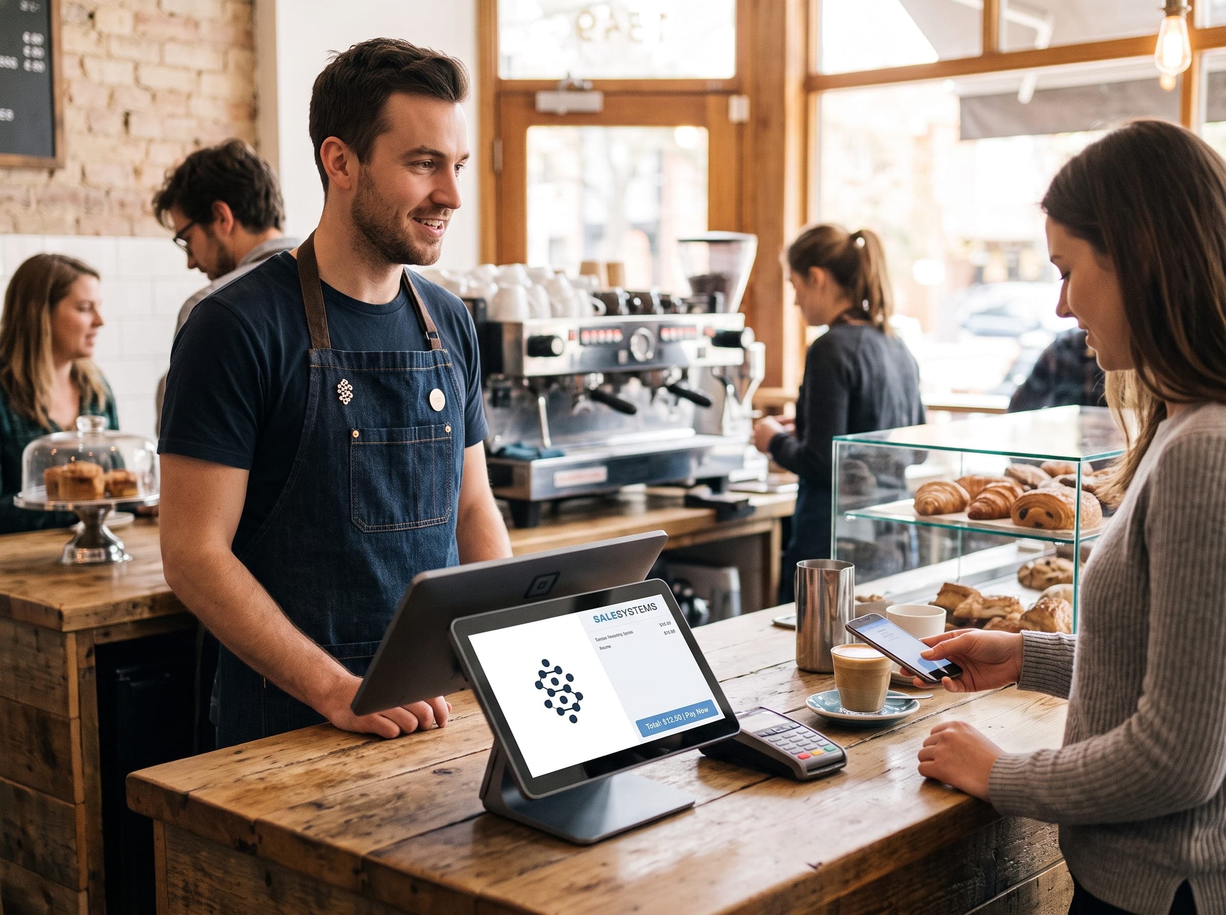 Barista obsługujący klienta przy ladzie kawiarni z terminalem POS SaleSystems