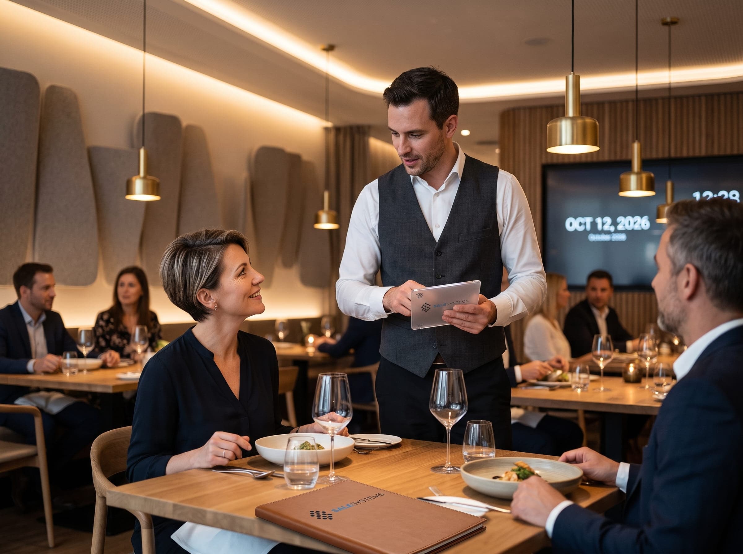 Sala restauracyjna z gośćmi przy stolikach i kelnerem obsługującym zamówienie