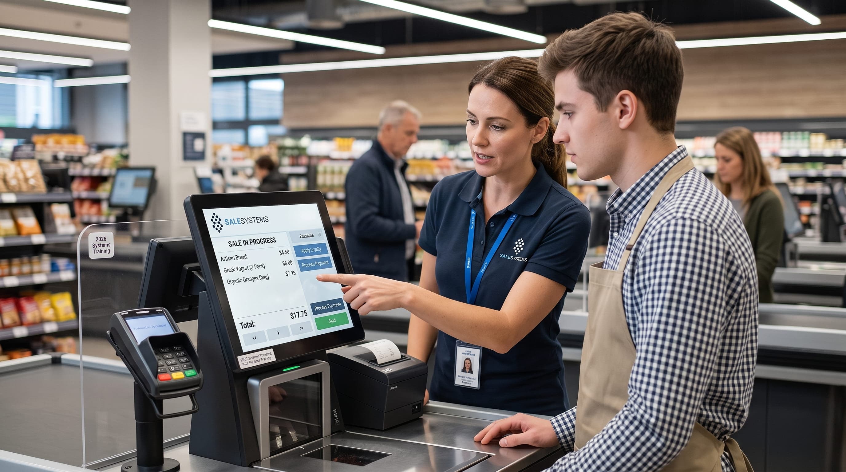 Trener pokazujący kasjerowi obsługę systemu POS