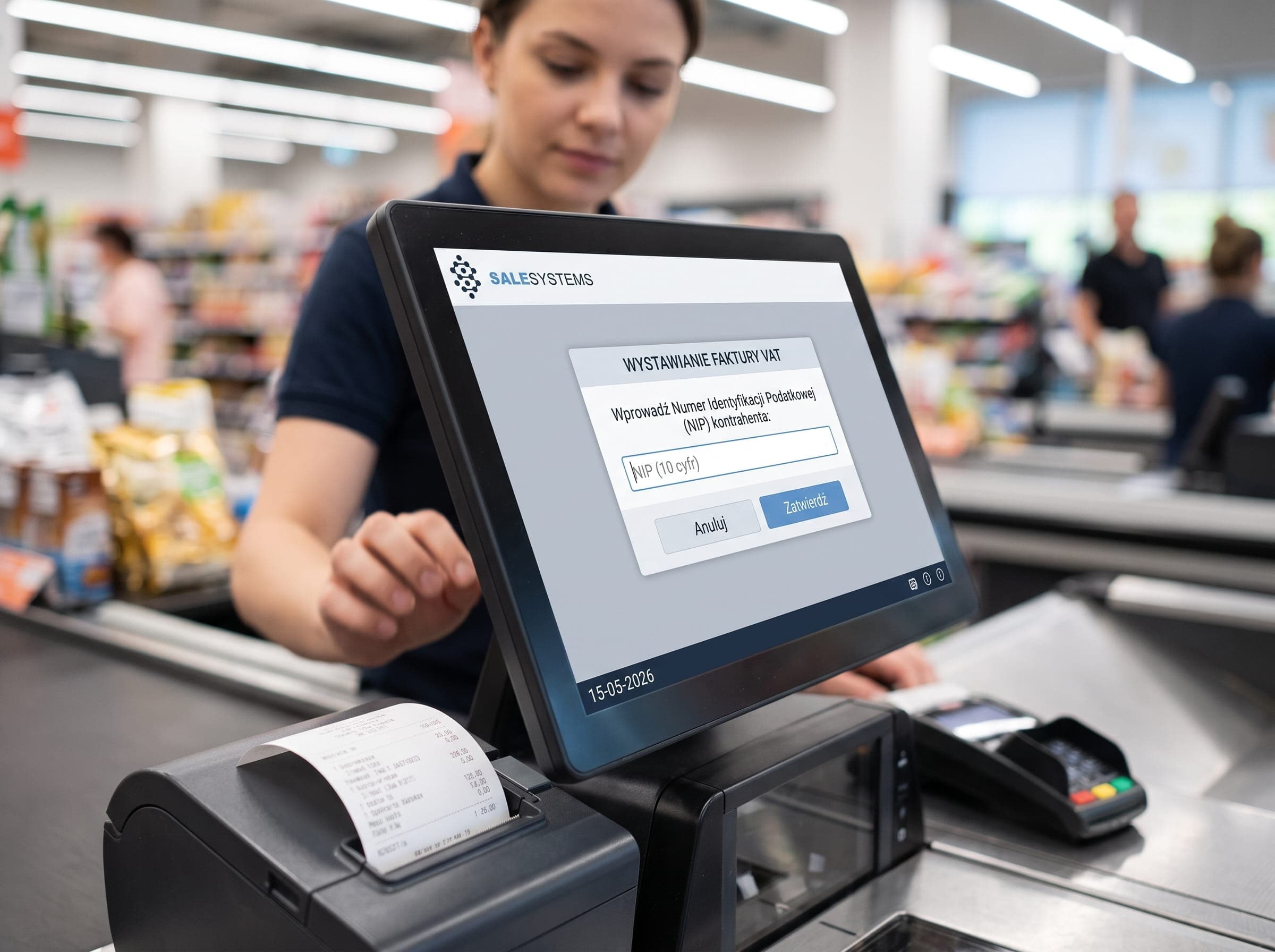 Kasjerka wystawiająca fakturę na dane firmowe klienta przy kasie fiskalnej
