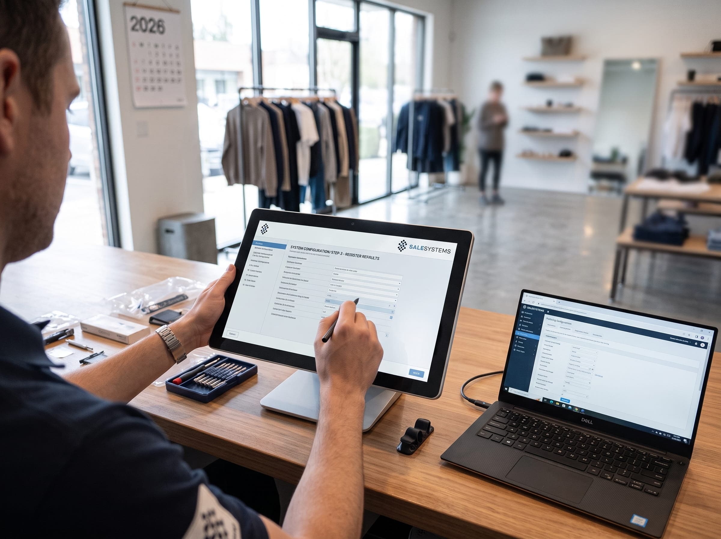 Ekran komputera POS z oprogramowaniem SaleSystems podczas konfiguracji stanowiska sprzedaży