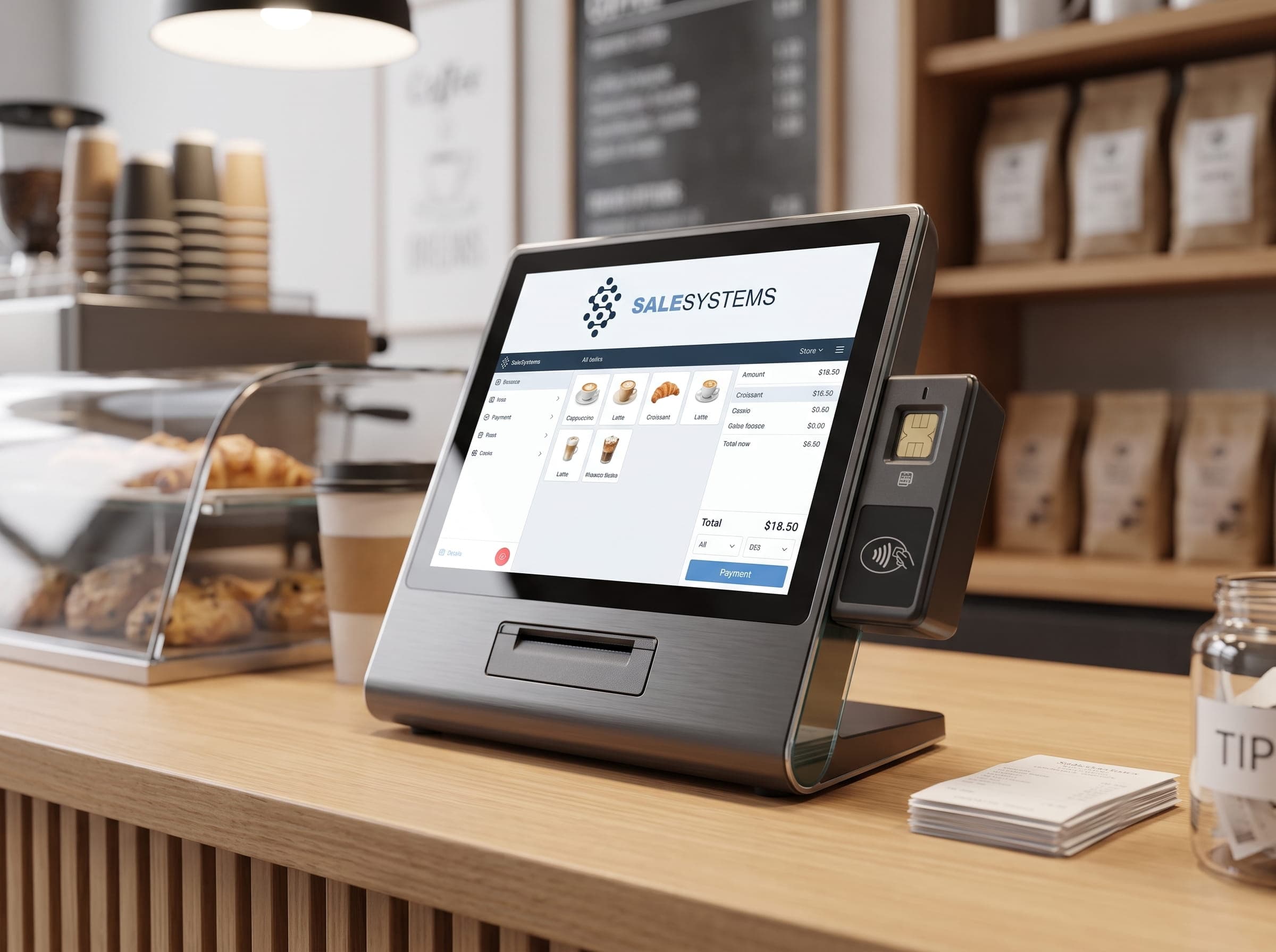 Kompaktowe urządzenie POS all-in-one na ladzie kawiarni