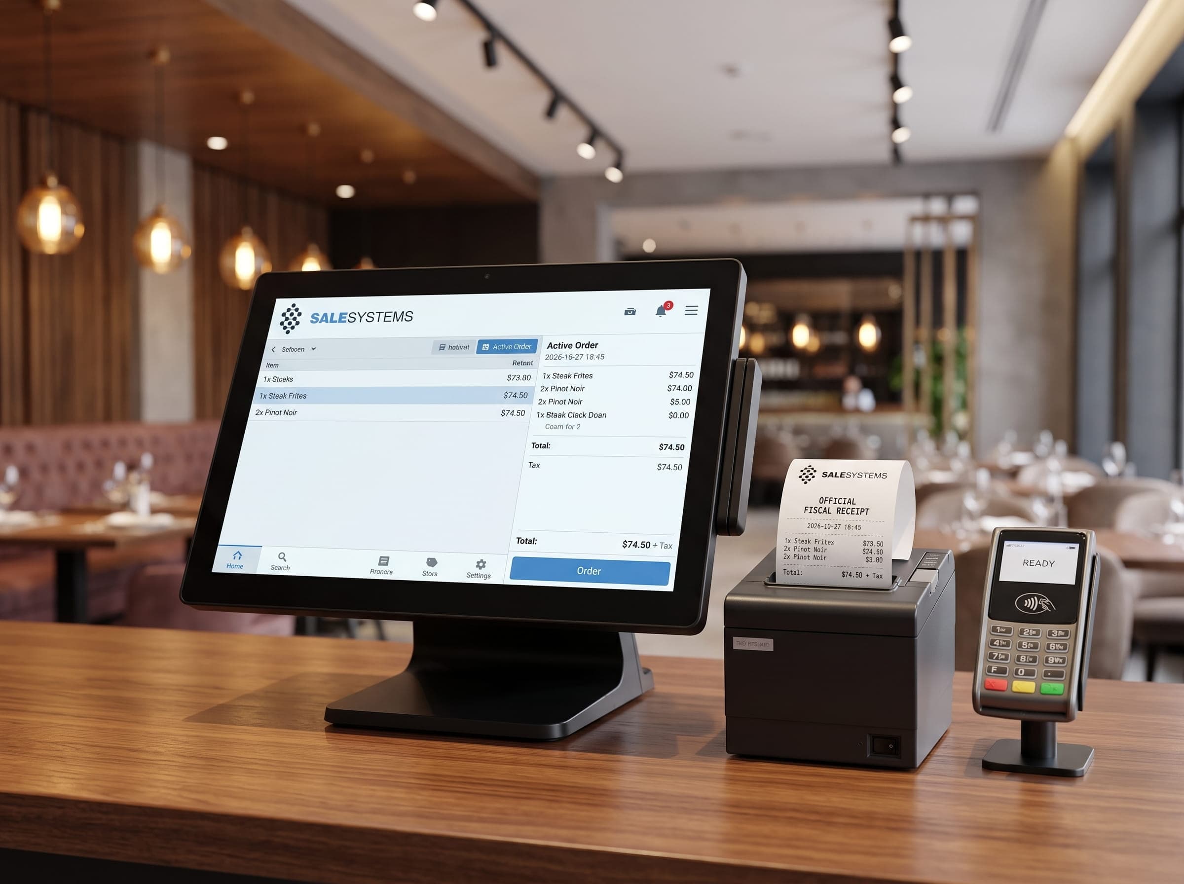 Stanowisko POS w restauracji z tabletem, drukarką fiskalną i terminalem płatniczym