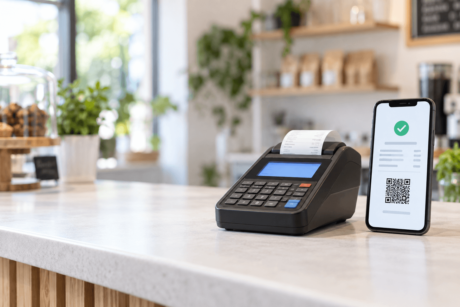 E-paragon na ekranie telefonu obok terminala płatniczego
