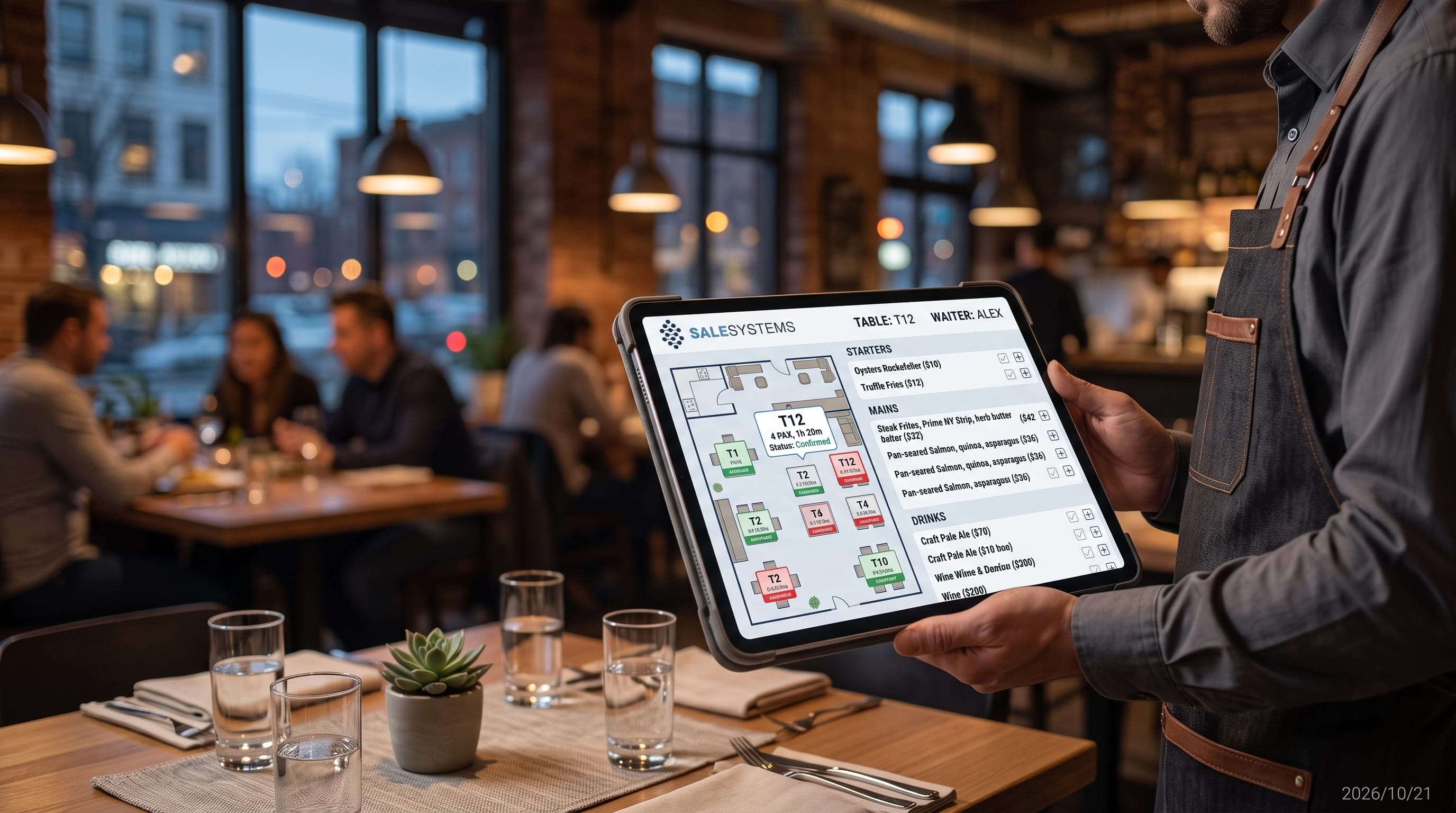 Kelner z tabletem obsługującym zamówienie w restauracji
