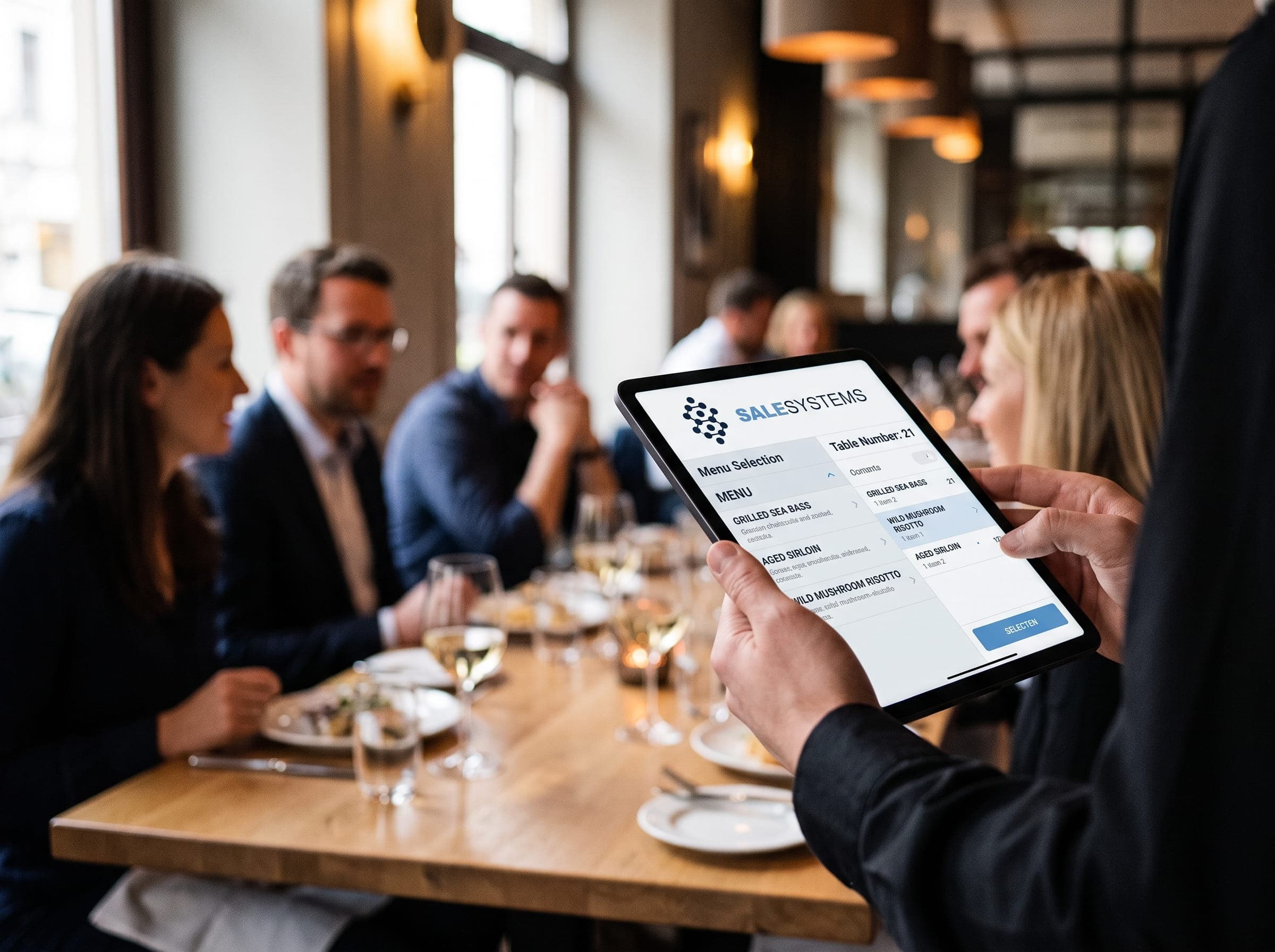 Kelner przyjmujący zamówienie przy stoliku restauracji na tablecie z oprogramowaniem SaleSystems