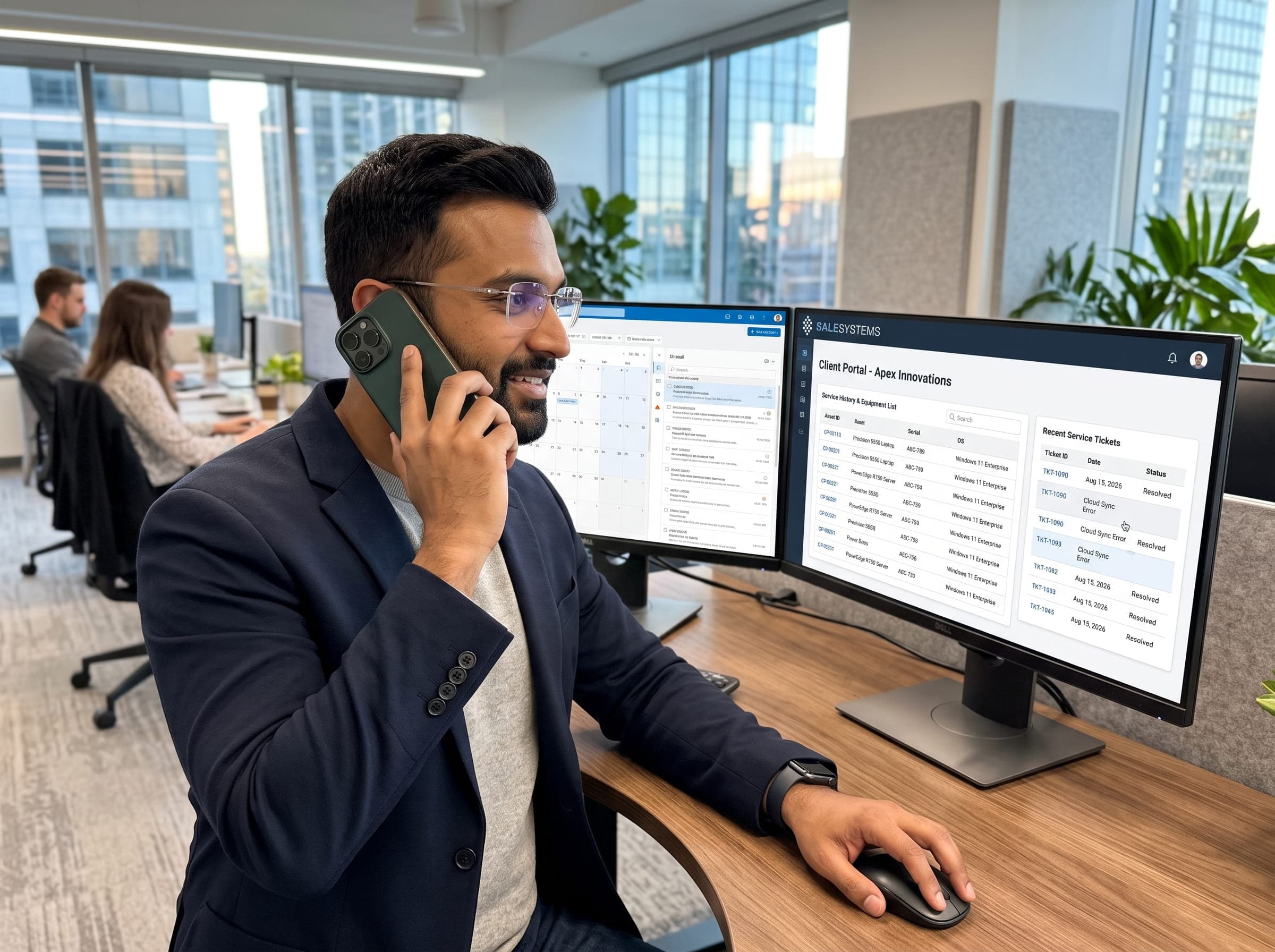 Pracownik wsparcia SaleSystems rozmawia przez telefon, patrząc na panel klienta na dwóch monitorach
