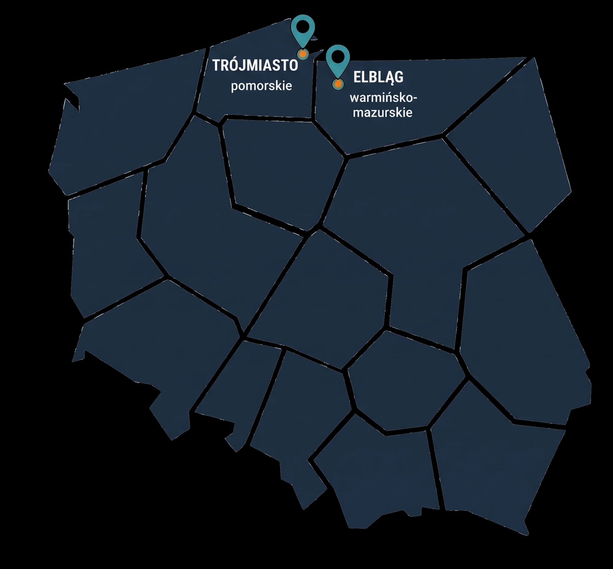 Mapa Polski z zaznaczonymi regionami działania SaleSystems: Elbląg i Trójmiasto